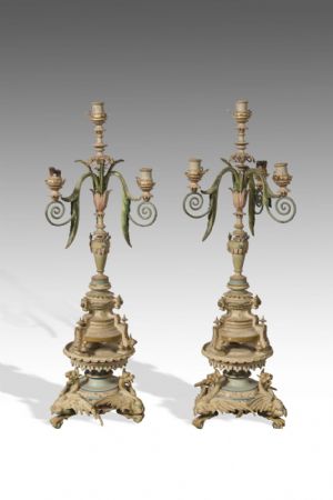 Rara coppia di candelabri laccati, Piemonte sec. XVIII