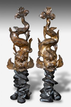 Pair of carved wooden sculptures depicting dolphins. Circle of Filippo Parodi, Genoa, 18th century.