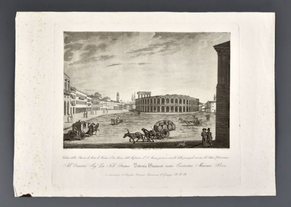 Bennassuti Giuseppe : Vue de la Piazza d'armi de Vérone, appelée la Bra, et de l'amphithéâtre, appelé l'Arène, prise aux grilles de l'entrée principale du Théâtre Philharmonique