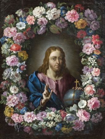 Garland of flowers with Christ blessing