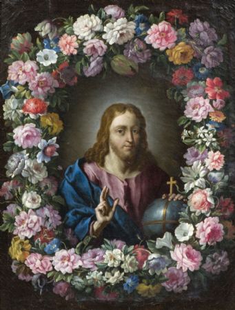 Guirlande de fleurs avec le Christ bénissant