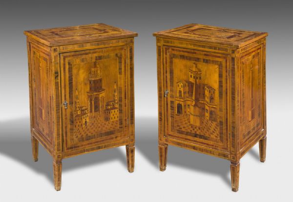 Elegant and rare pair of small cabinets, Rolo, late 18th century