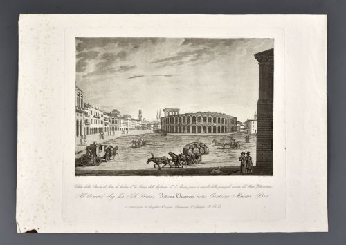 Bennassuti Giuseppe : Vue de la Piazza d'armi de Vérone, appelée la Bra, et de l'amphithéâtre, appelé l'Arène, prise aux grilles de l'entrée principale du Théâtre Philharmonique