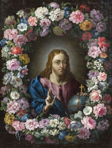 Guirnalda de flores con Cristo bendiciendo