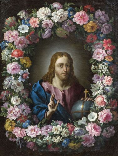 Guirlande de fleurs avec le Christ bénissant