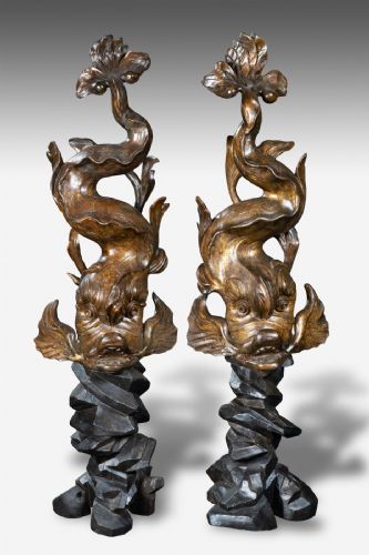Pair of carved wooden sculptures depicting dolphins. Scope of Filippo Parodi Genoa 18th century
    